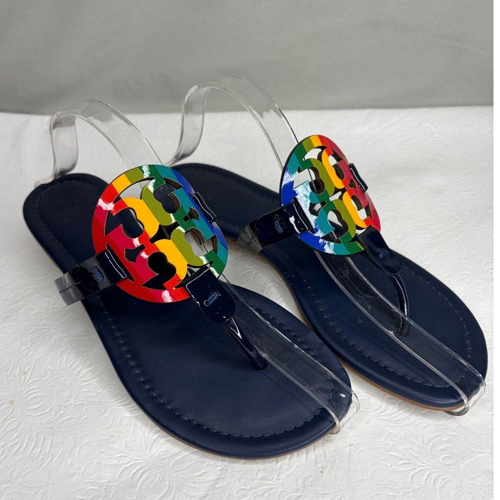 Tory Burch Miller Sandals Navy‎ Blue Rainbow Logo Patent Leather Thong Flat 7M